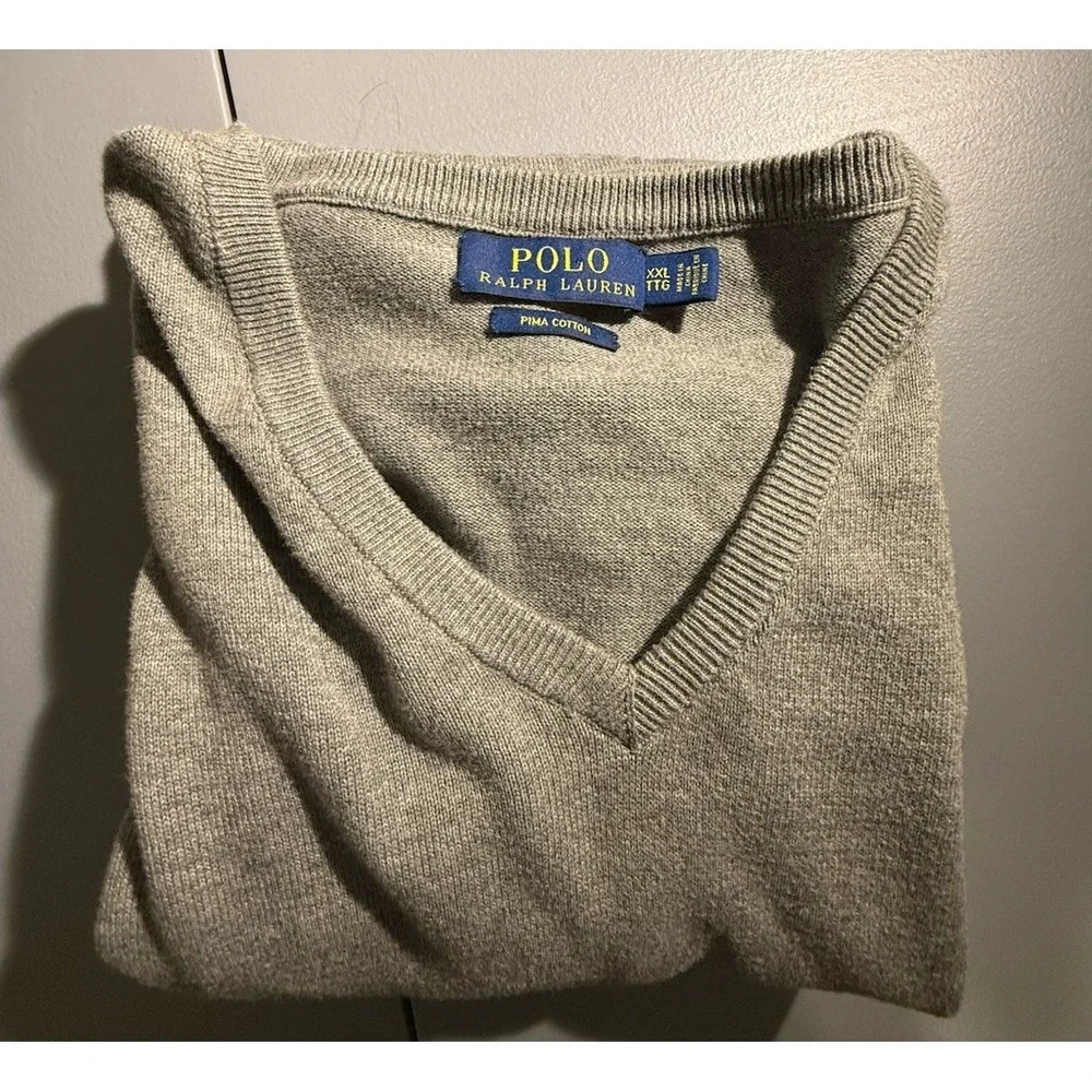 Polo Ralph Lauren Sweater Mens 2XL Gray‎ V Neck Cotton Pullover